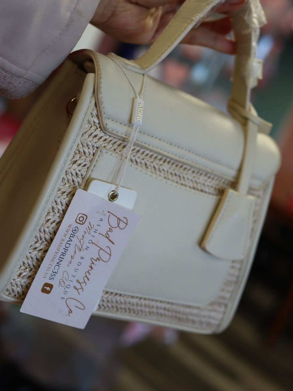 Kasie White Faux Wicker Handbag