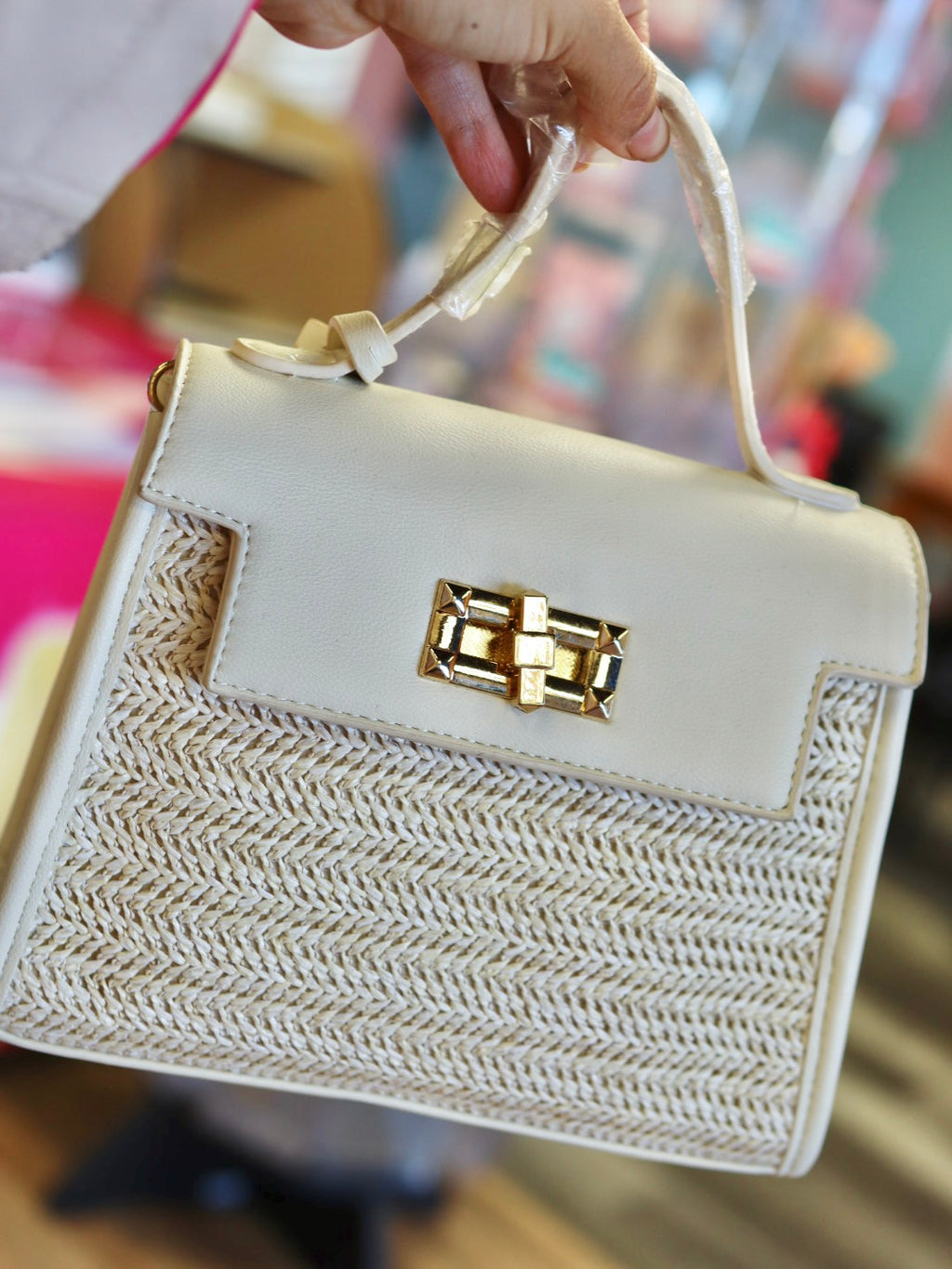 Kasie White Faux Wicker Handbag