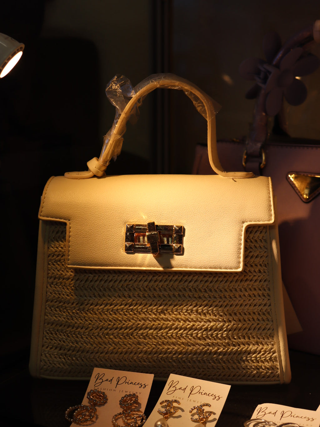 Kasie White Faux Wicker Handbag